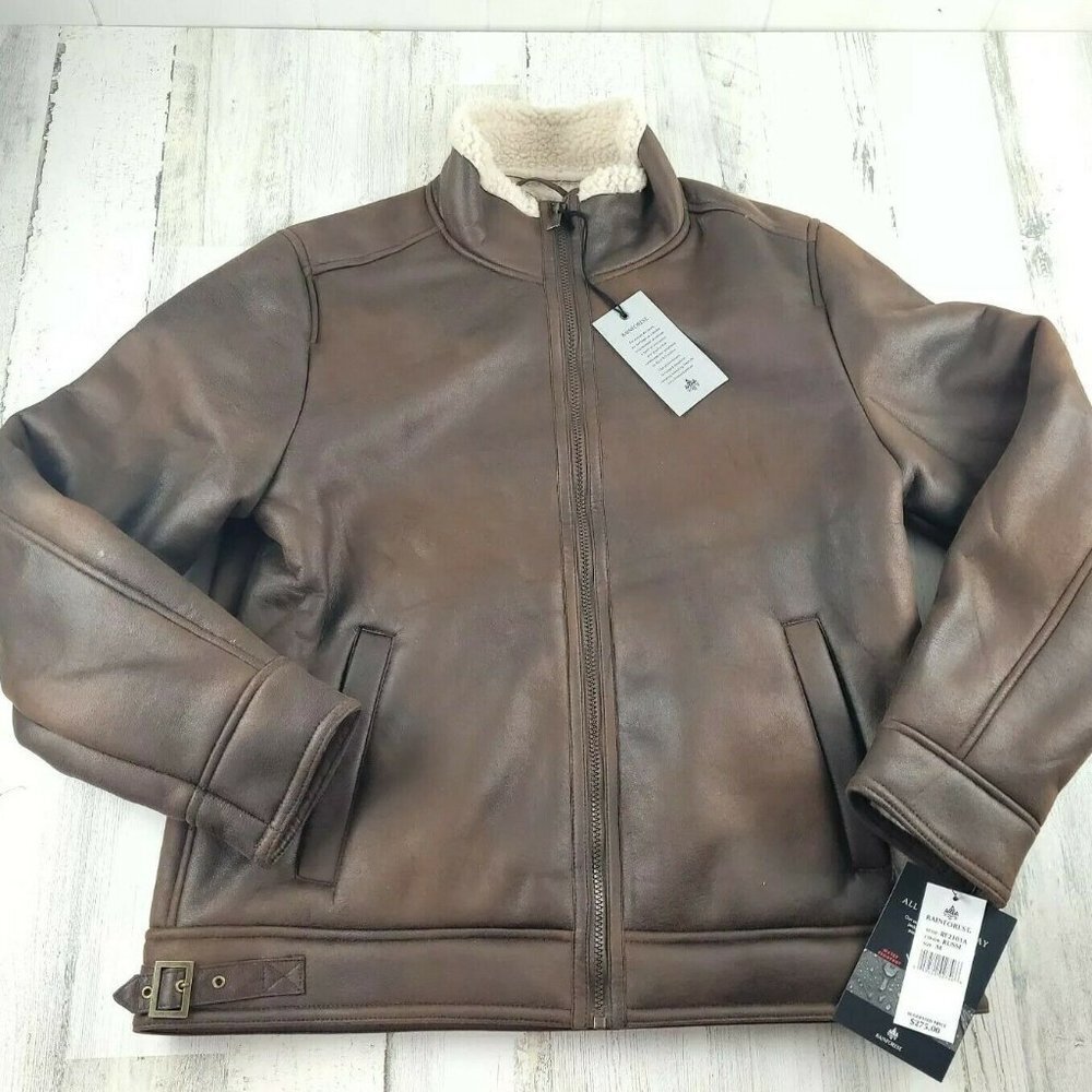 Rainforest Sherpa Lined Faux Leather Bomber Jacket Men’s Medium Brown NWT MSRP $